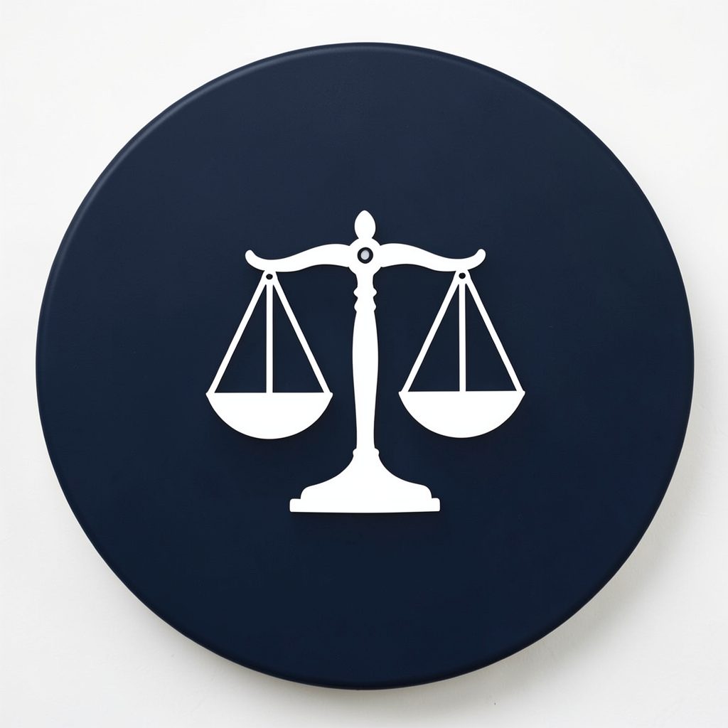Dark navy circle with a white scales-of-justice icon