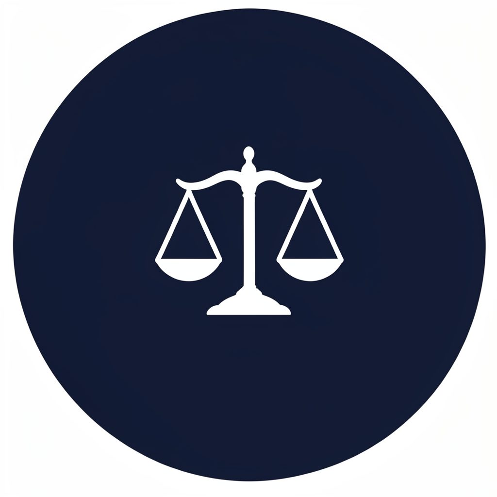 Dark navy circle with white scales-of-justice icon