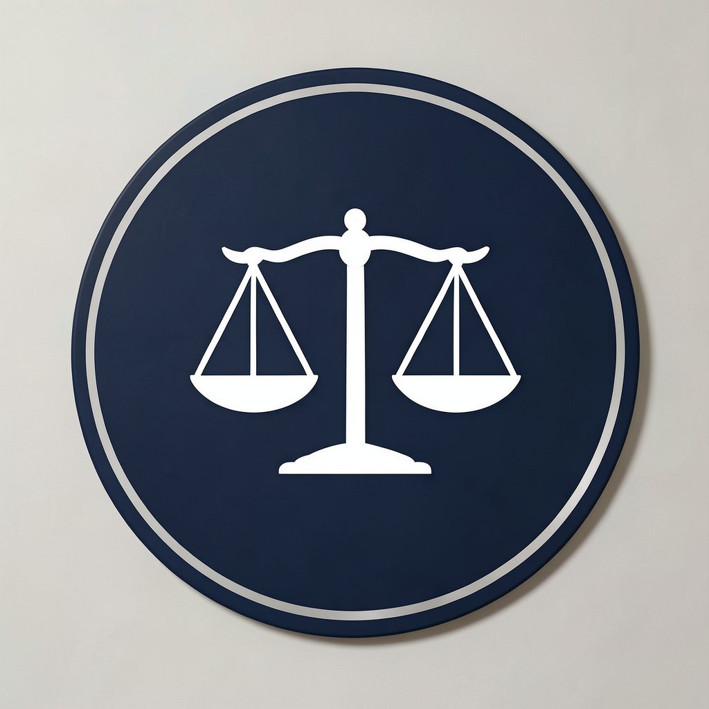 Dark navy circle emblem with a balanced scale symbol in white, representing tax law and justice