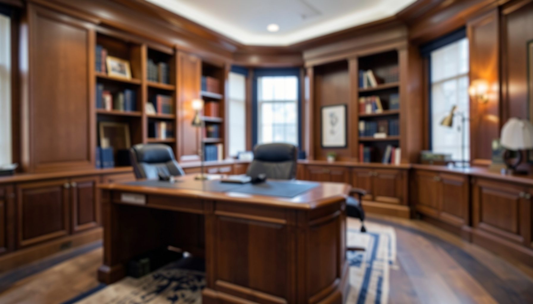 Soft-focus interior of a professional law office with warm wood tones and navy accents