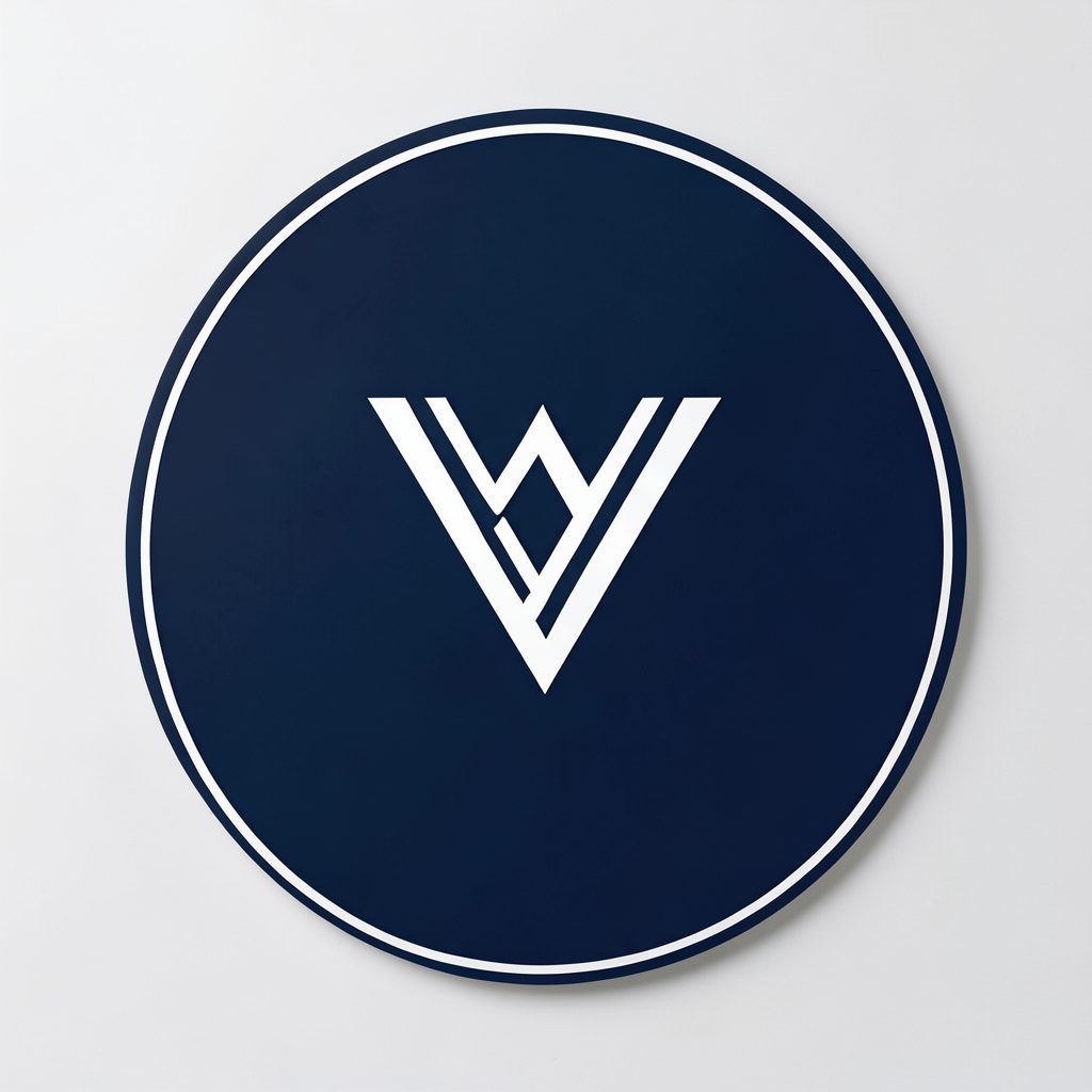 Circular navy emblem with a stylized law-firm mark in white