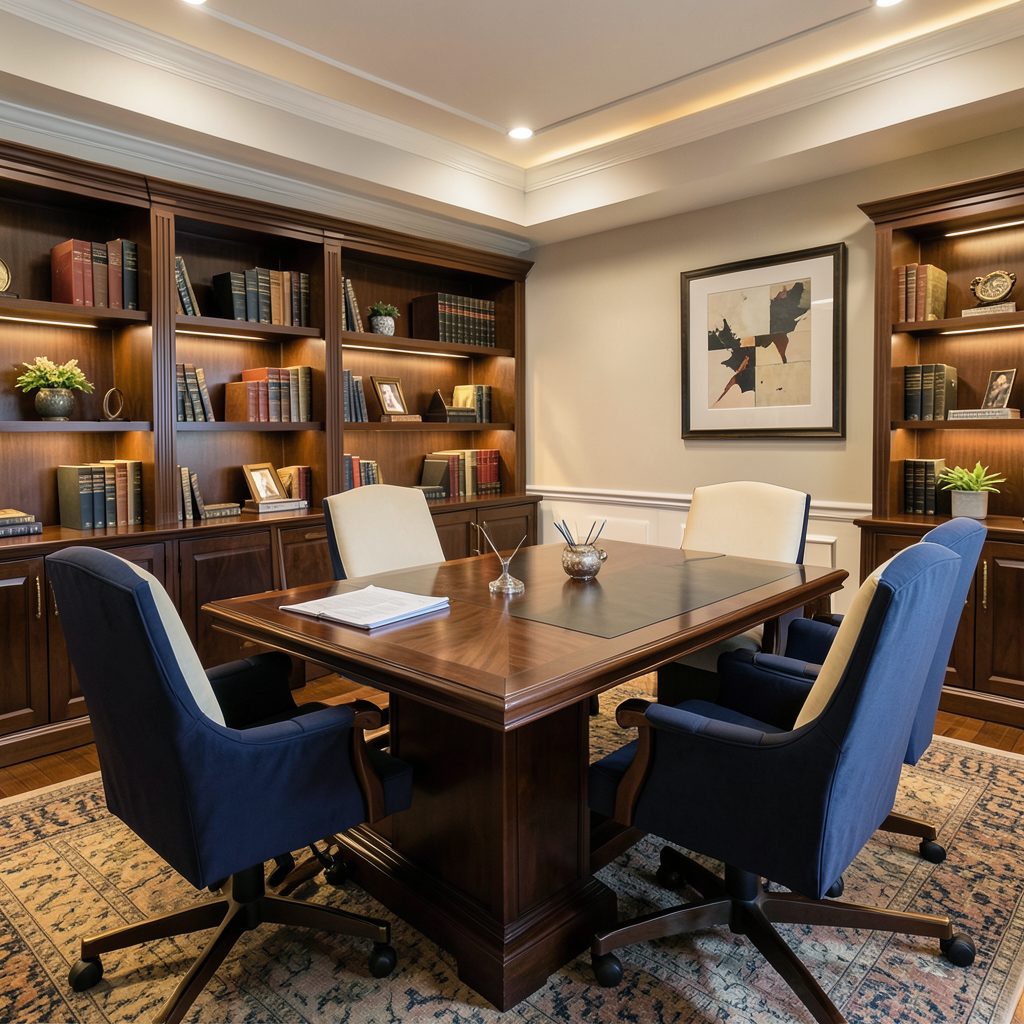 Warmly lit interior of a professional law office conference room with a dark wood table and upholstered chairs, navy and warm wood tones