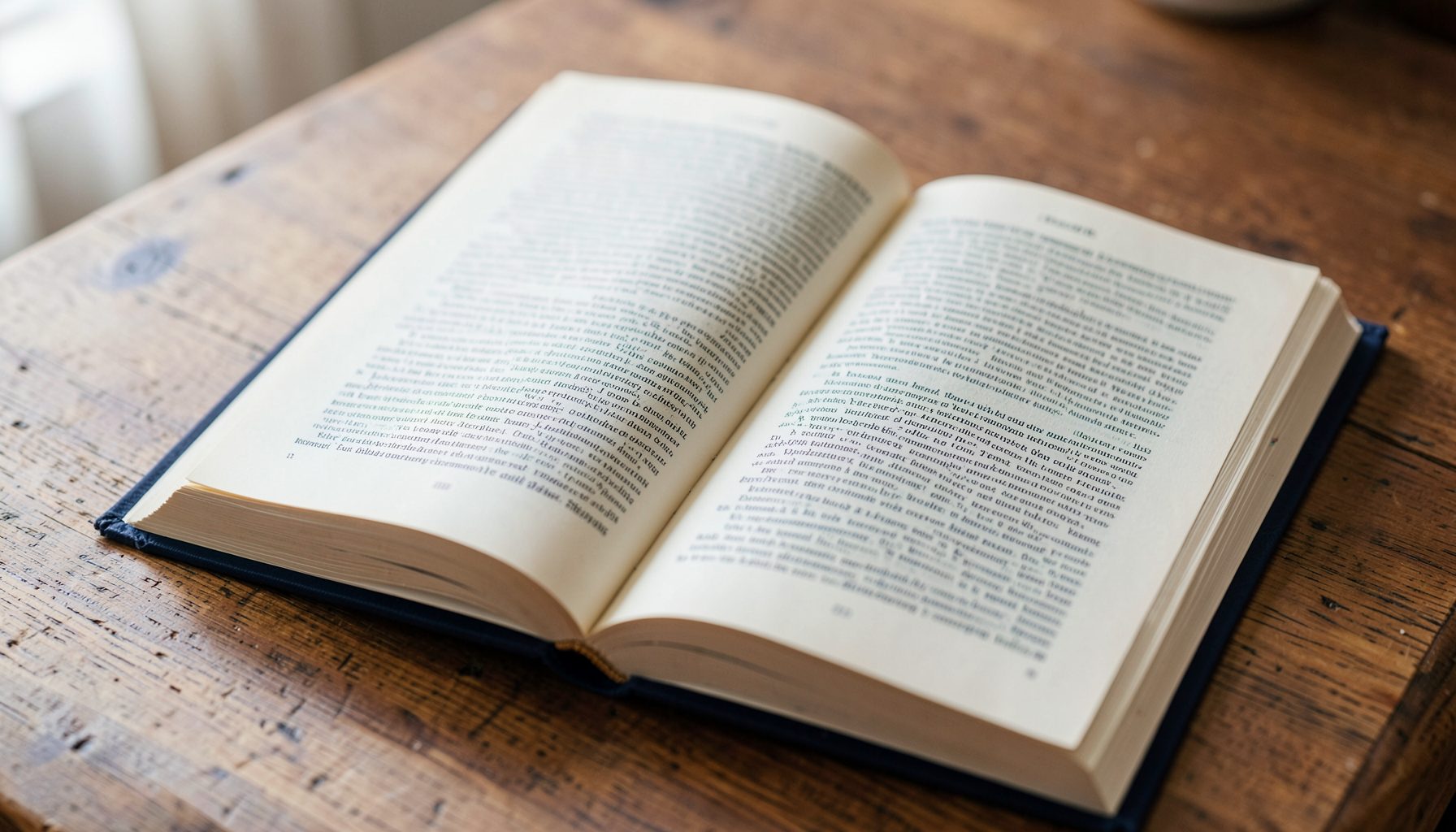 Open law book on a wooden table, soft natural light, navy and cream palette