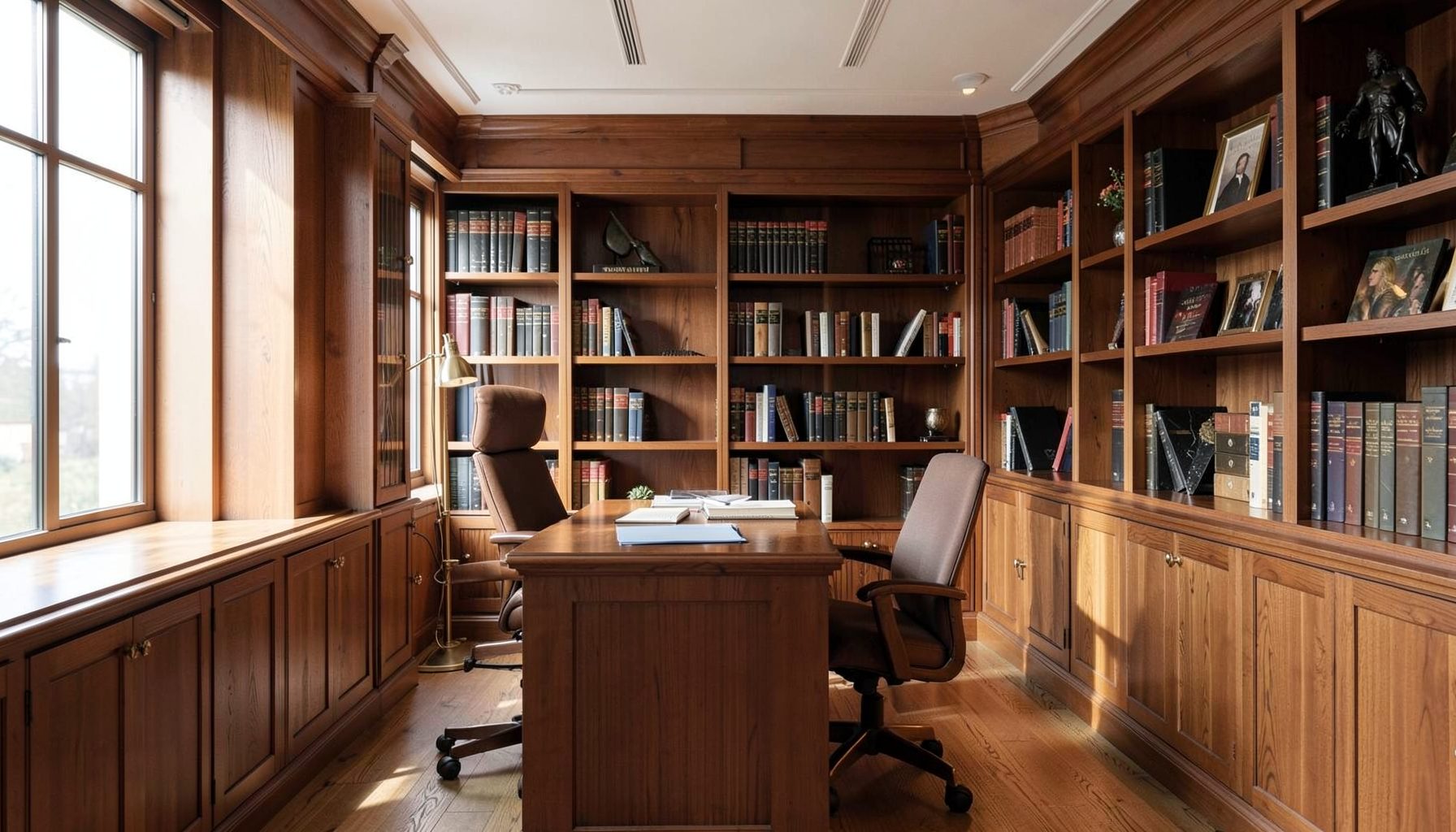 Professional office interior with warm wood tones, bookshelves, and soft natural light, conveying a refined legal practice