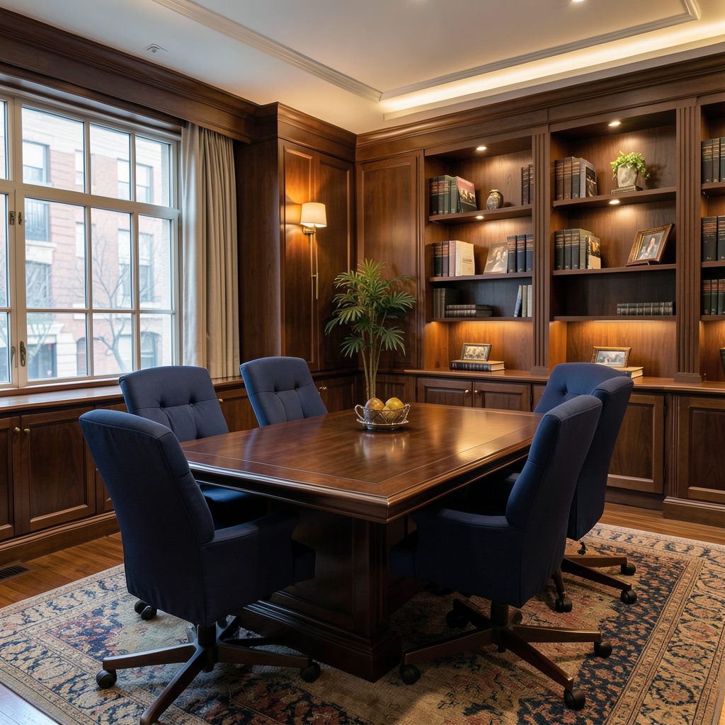 Warmly lit interior of a professional law office conference room with a dark wood table and upholstered chairs, navy and warm wood tones