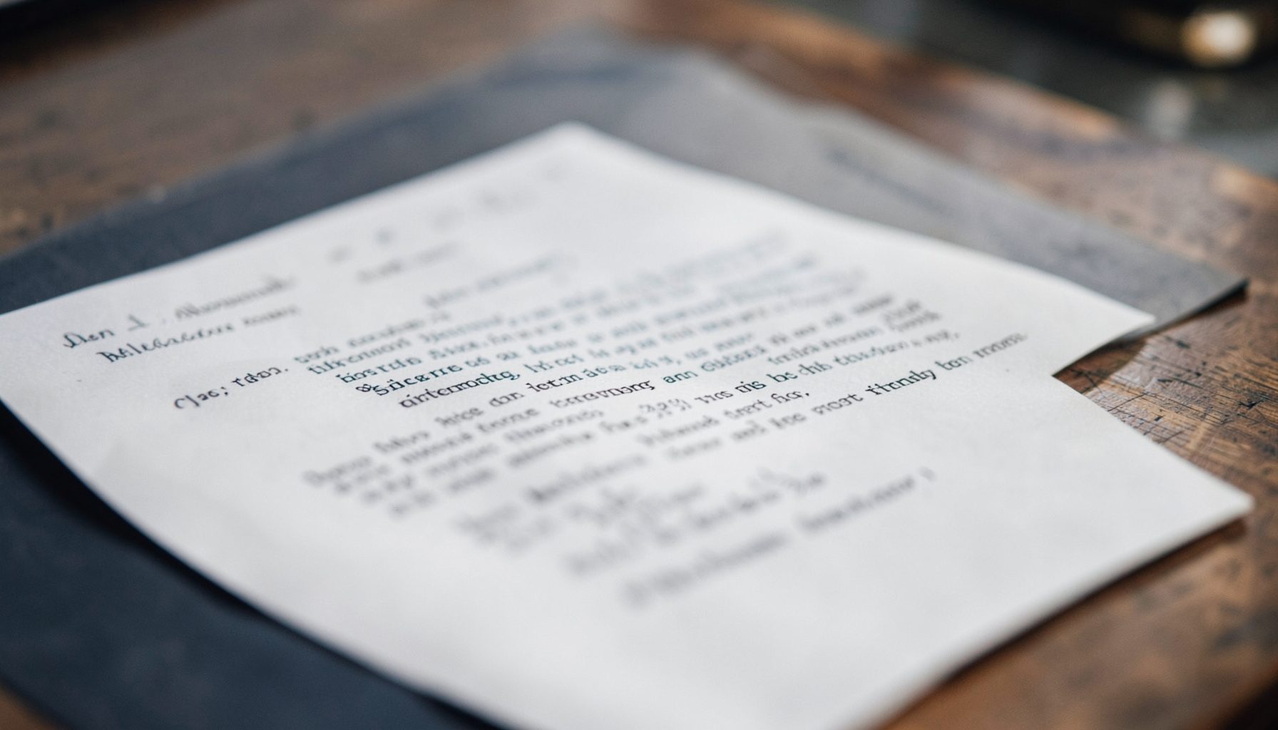 Soft-focused close-up of a formal letter on a wooden desk in muted navy and warm gray tones