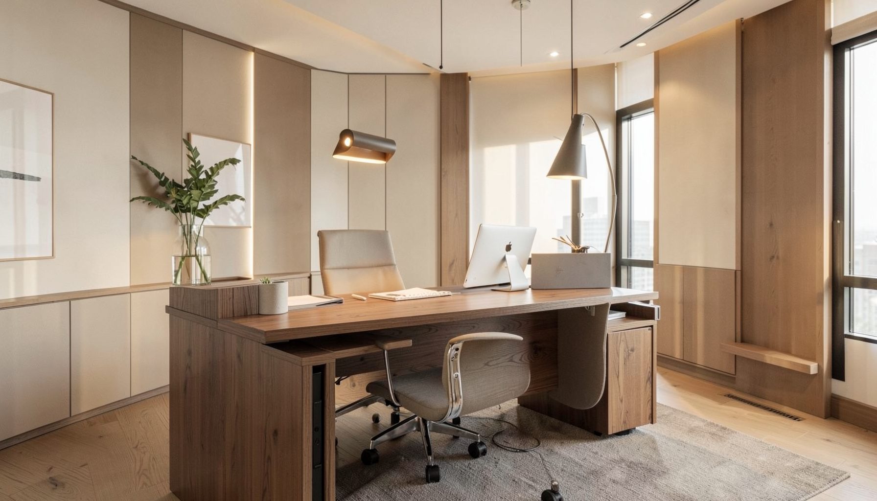 Warmly lit modern office interior with wood desk and soft neutral tones, conveying professionalism and calm