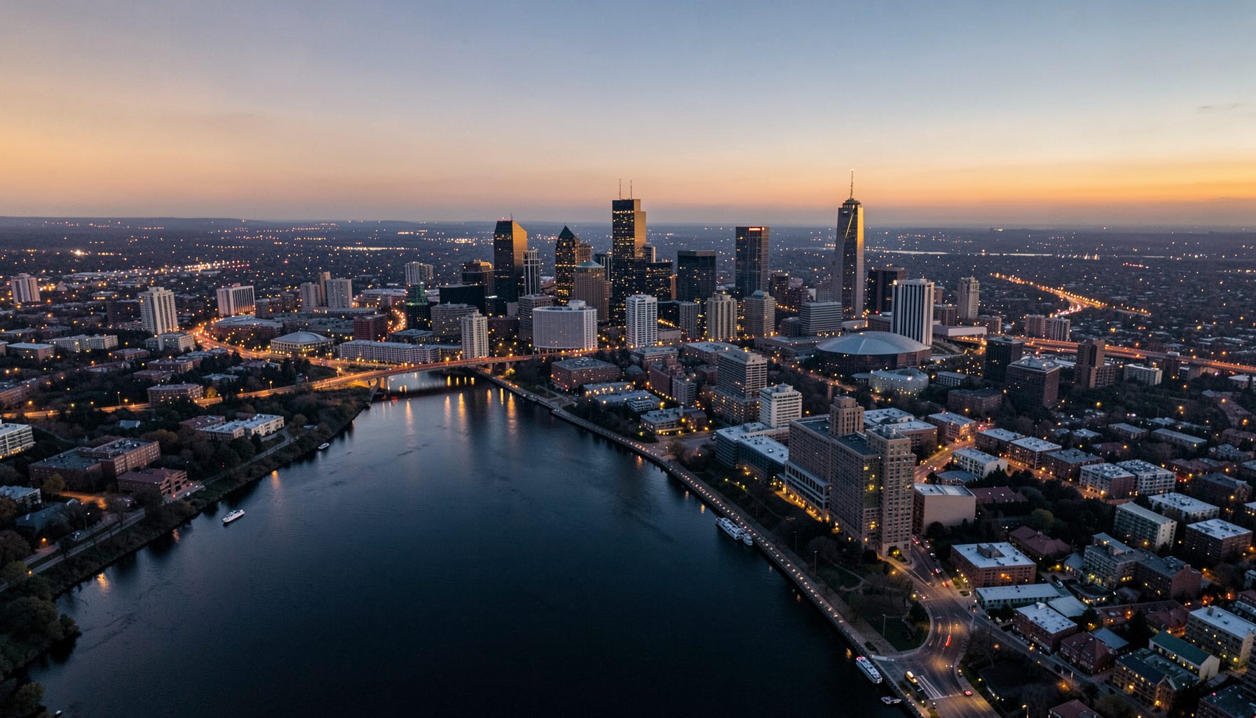 Wide aerial view of downtown Minneapolis skyline at dusk with soft amber and navy tones, Mississippi River reflecting city lights