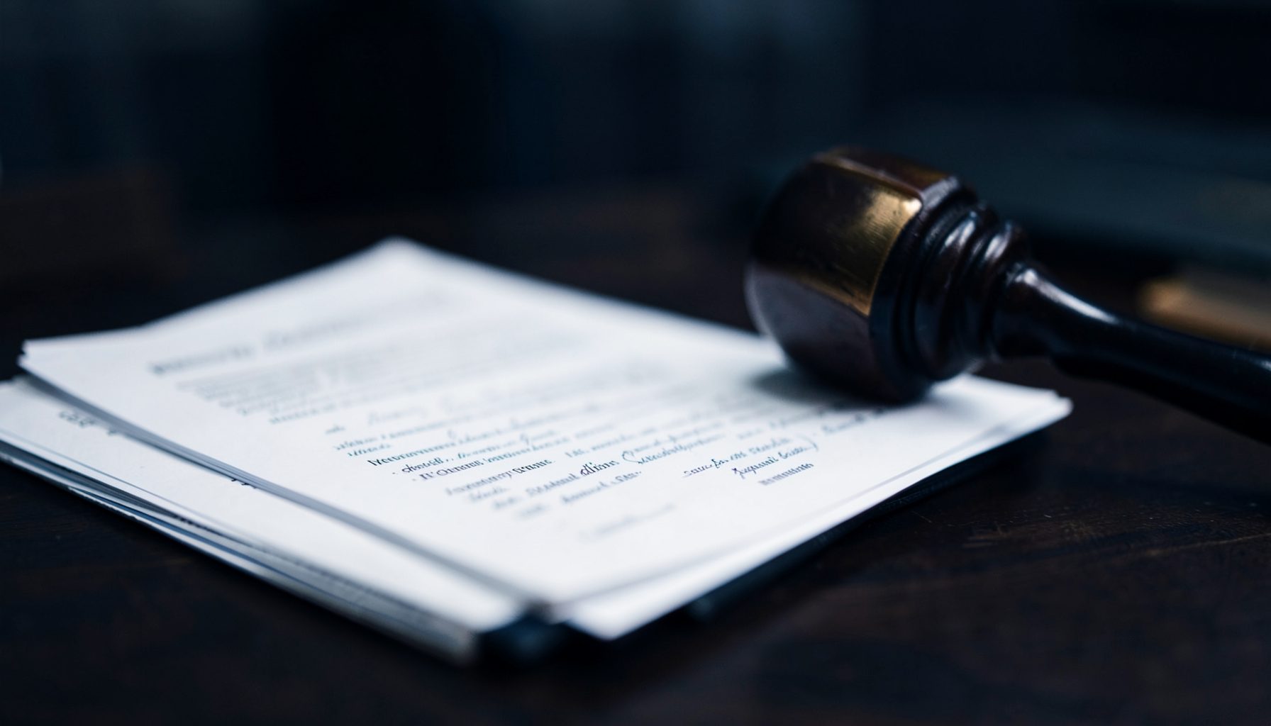 Soft-focused close-up of stacked legal documents and a gavel on a dark wooden desk, deep navy and charcoal tones