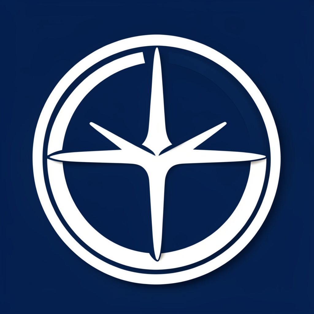 Circular emblem with a balanced scale motif in white against a deep navy field