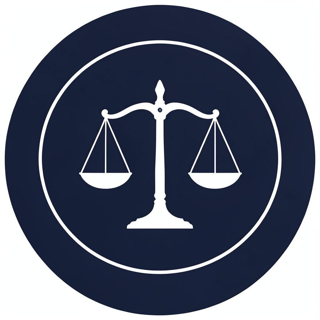 Dark navy circle emblem with a balanced scales of justice silhouette in white