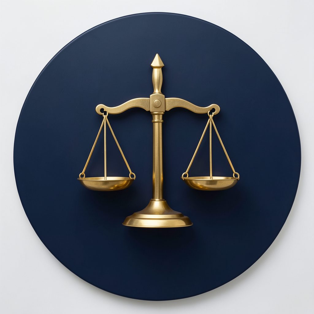 Scales of justice emblem in gold against a deep navy circle
