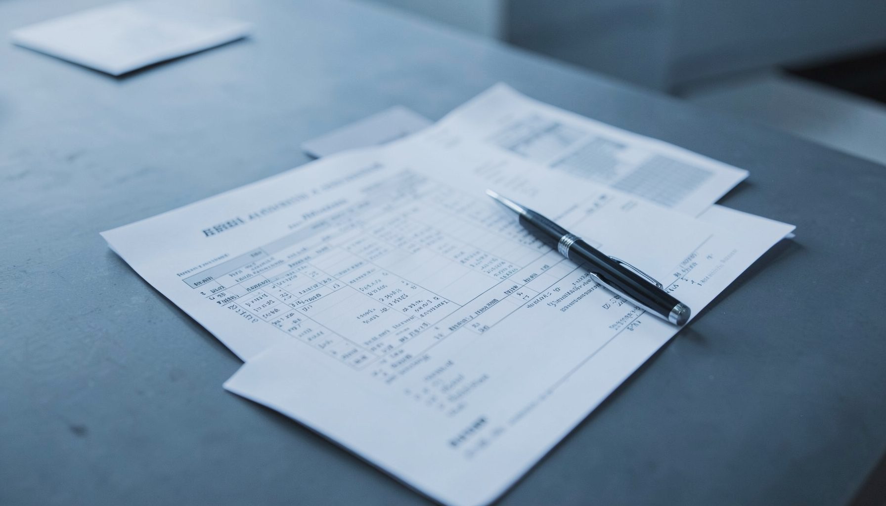 Desk with tax documents and a pen, muted blue-gray tones, professional and calm atmosphere