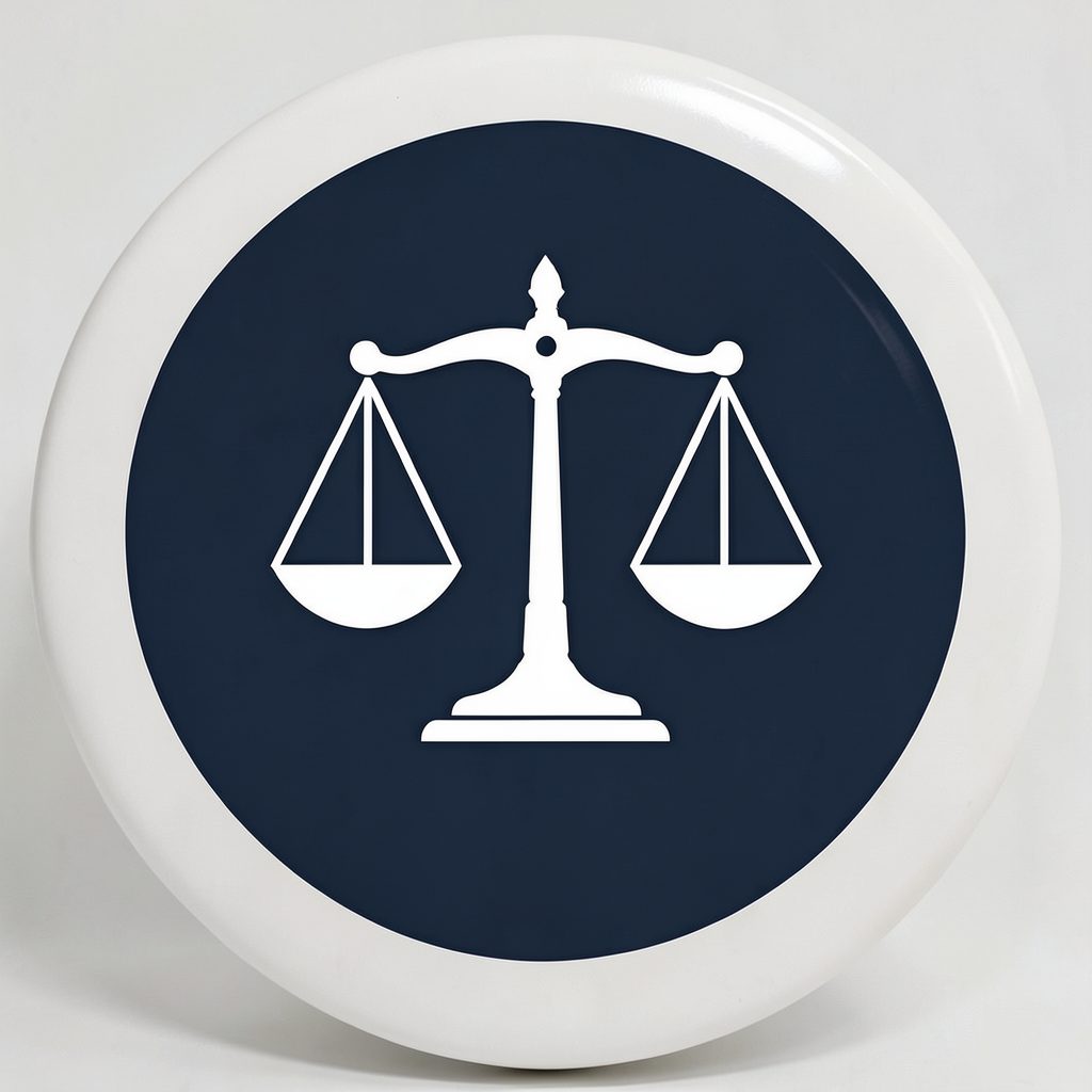 Dark navy circle emblem with a balanced scales-of-justice silhouette in white