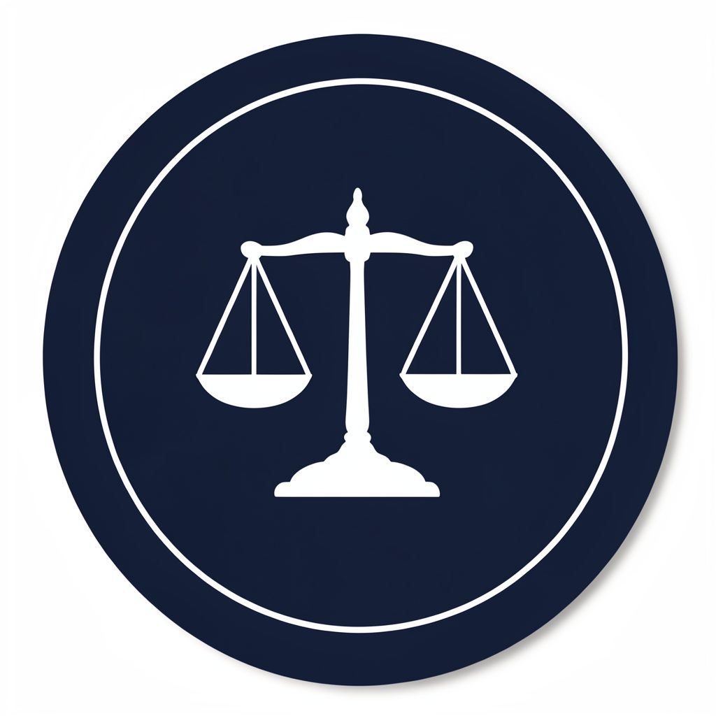 Dark navy circle emblem with a balanced scale silhouette in white